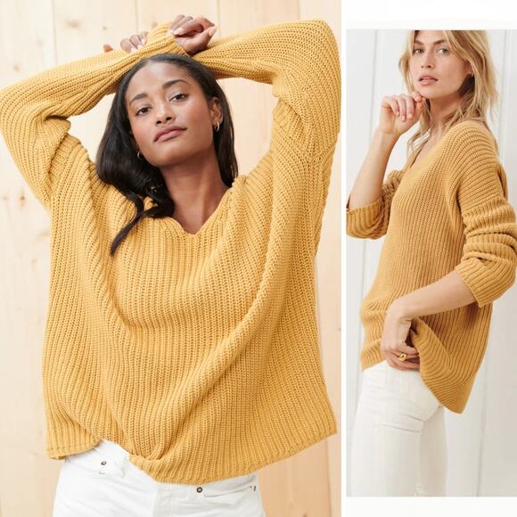 JENNI KAYNE SWEATER FISHERMAN ORGANIC COTTON MUSTARD MARIGOLD KNIT LONGLINE - Picture 2 of 13
